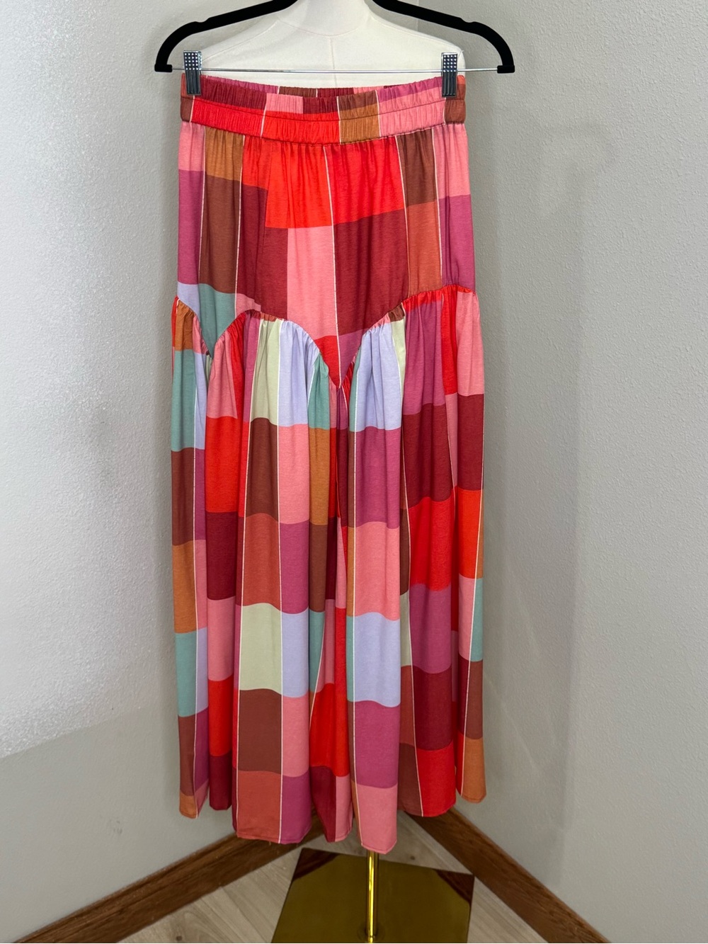 Multicolor Plaid Tiered Maxi Skirt Women S Elastic Waist Lined NWOT